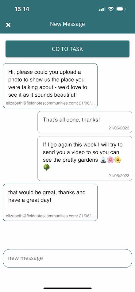 In-app messaging screenshot - to engage and communicate with participants