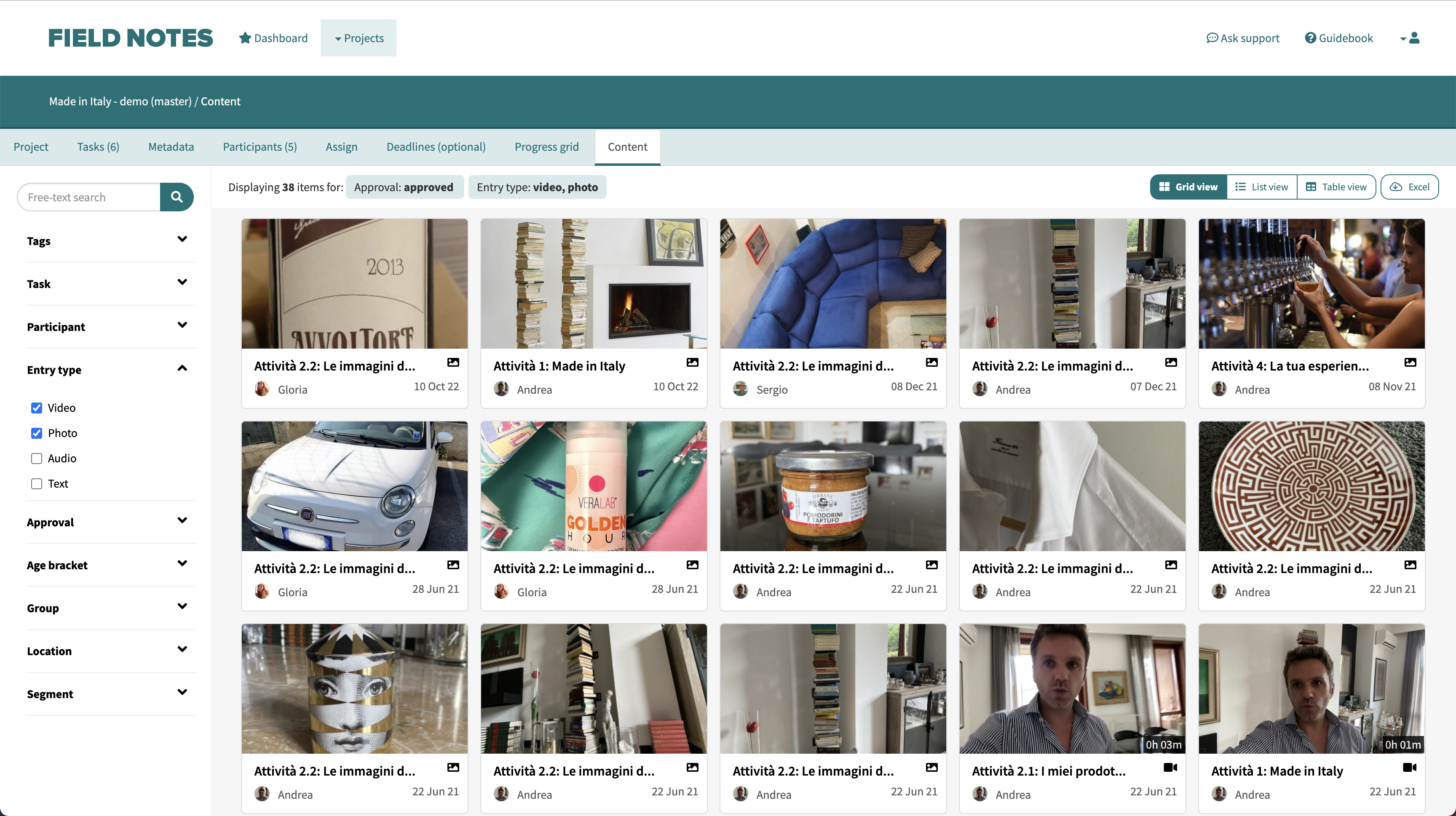 Content tab screenshot - browse participants' self-ethnography