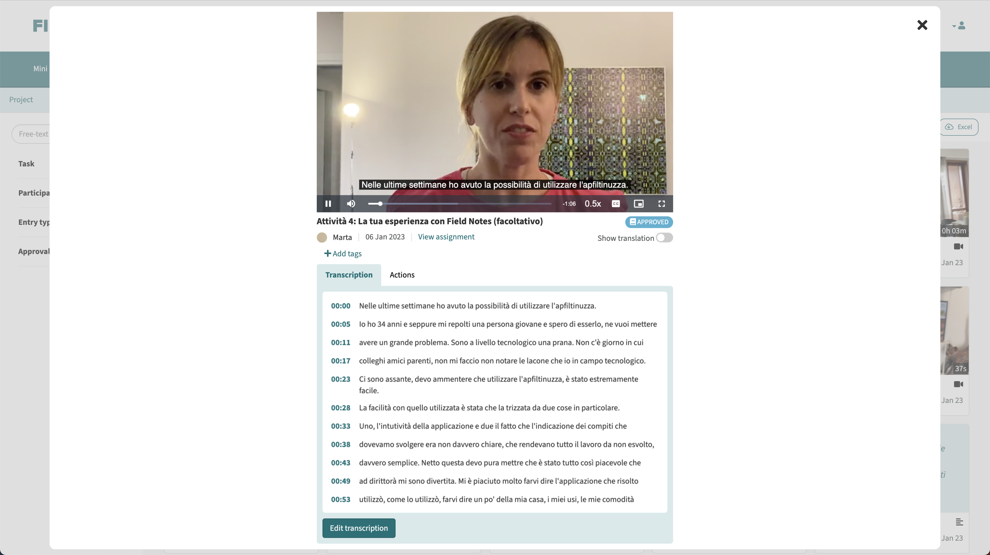 Media player screenshot - participant engaging in self-ethnography